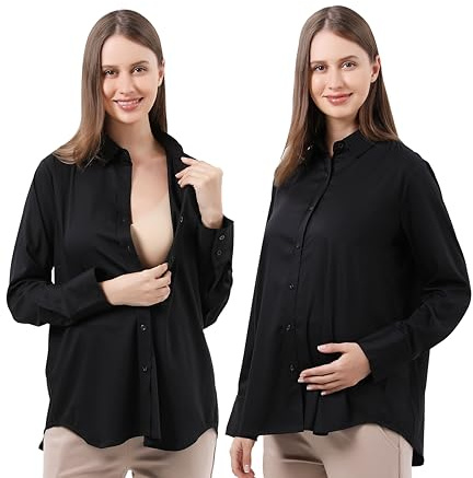 Maternity Button Down Shirt Long Sleeve Formal Blouse for Work, Black, M