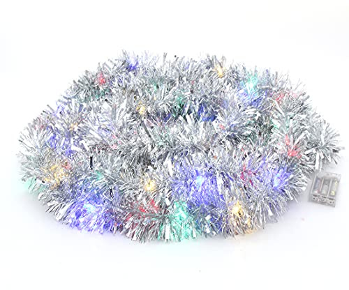 VEYLIN 10 Meter Sliver Xmas Decoration Tinsel Garland with Multi-color LED Lights for Christmas Tree Home Office Supplies
