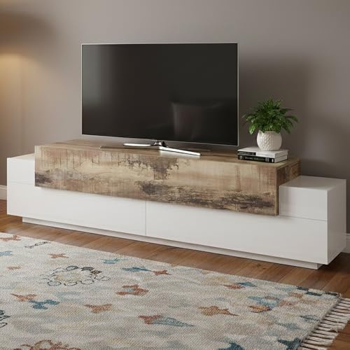 Dmora - Meuble TV Teo, Buffet bas de salon, Base pour meuble TV, 100% Made in Italy, 200x45h52 cm, Blanc brillant et érable