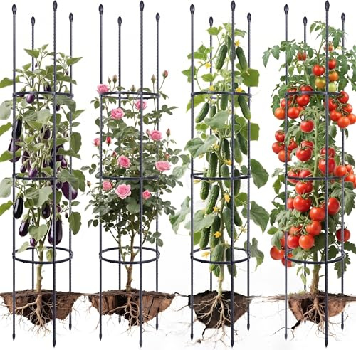 ThxToms 4 stycken trädgårdspaljé av metallkärna 160 cm med 60 x växtklämmor | tomatbur, växtstöd, obelisk klätterställning spaljé | Spaljé klättringshjälp | Klätterväxter, tomater, rosor