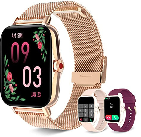 Iaret Reloj Inteligente Mujer con Llamadas,1,69 Smartwatch Mujer para Android iPhone 3 Correas, Pulsera Actividad Ritmo Cardíaco Oxígeno Sanguíneo Seguimiento Menstrual Monitor Sueño (Oro Rosa)