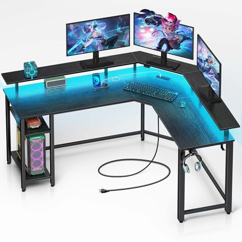 Rolanstar L-Shaped Gaming Desk with LED Lights, Power Outlets, Corner Computer Desk with Storage Shelves - PC Writing Table for Home Office, Black(135x118x87cm)