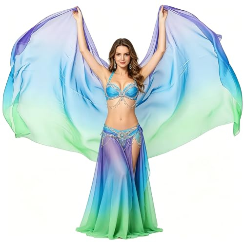 Leemiman Velo per danza del ventre da donna, in chiffon, colore graduale, per adulti, lunghezza 2,5 m, larghezza 1,14 m, Verde Blu Viola, 250*114 cm