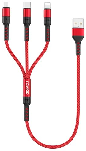 RAVIAD Câble Chargeur Multi Embout Court [50CM], 3 en 1 Câble Universel Cable multi chargeur de Chargement avec Lightning+ USB C+ Micro Connecteur pour iPhone, Samsung Galaxy, Huawei, OnePlus- Rouge