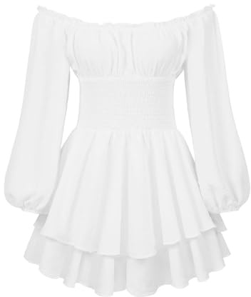 Costume da pirata da donna, abito estivo con volant a maniche lunghe, senza spalline, gonna a gradini, chiffon, come abbigliamento casual, abito swing, costume da carnevale da donna, Bianco 2, S