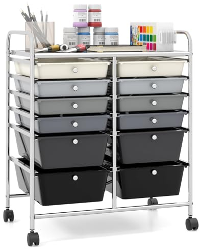 COSTWAY 12 Drawers Rolling Storage Cart, Home Office Stationary Utility Trolley with 4 Wheels, Multipurpose Mobile Organiser Shelving Unit for Makeup Beauty Salon (Gradient Black)