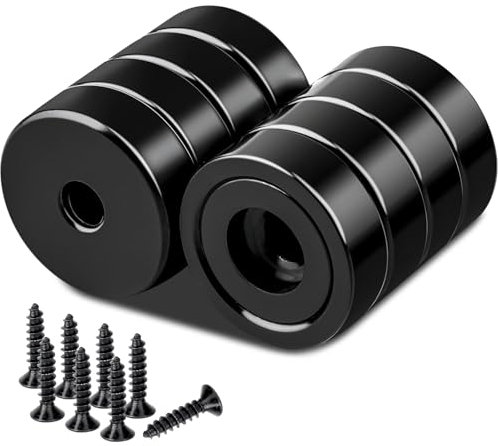 Stong Neodymium Magnets with Holes, 16 mm Black Strong Round Base Cup Magnets Heavy Duty with Countersunk Hole Rare Earth Magnet Pot Magnet with Screws, 8 Pcs