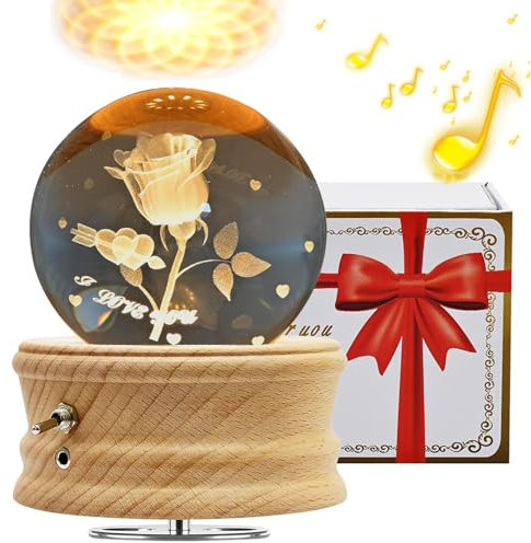 BUOTAU Boîte à Musique Boule de Cristal 3D, Boîte à Musique Rotative Éclairée à 360° avec Projection de Lumière et Support en Bois, Cadeau pour Enfants, Femme et Mère(Rose)