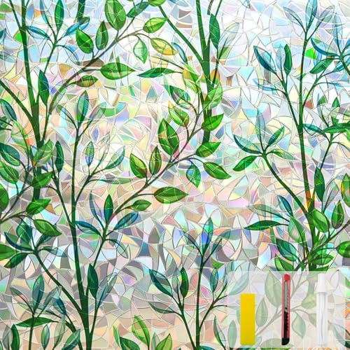 Window Privacy Film Stain Glass Window Film Rainbow Window Film Window clings Non-Adhesive Reusable Decorative for Room (Leaf Rainbow, 17.5 X 78.7 in)