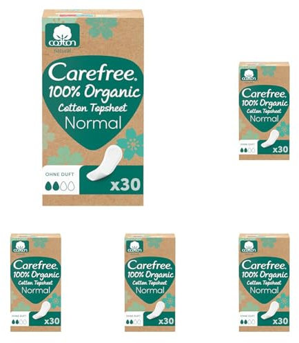 Carefree Slipeinlage 100% Organic Cotton Topsheet Normal (30 Stück), aus 100% zertifizierter Bio-Baumwolle für ein natürliches, frisches Gefühl, Größe Normal (Packung mit 5)