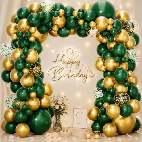 Green Balloon Arch Kit - 110pcs Dark Green and Gold Balloons Garland with Gold Olive Balloons Golden Confetti Balloon for Birthday Christmas Decoration Wedding Anniversary Engagement Safari Party