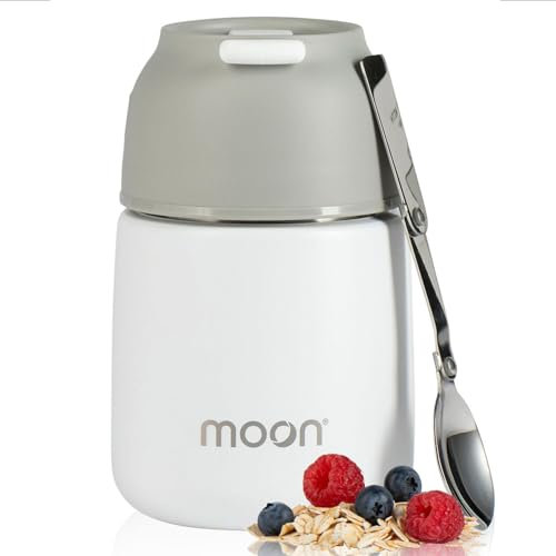 Moon Food Flasks For Hot Food - Insulated, Stainless Steel, Thermal Lunch Box, Soup Containers, Food Jars for Kids & Adults, Free Spoon, Leakproof, UK Company (500ml White)