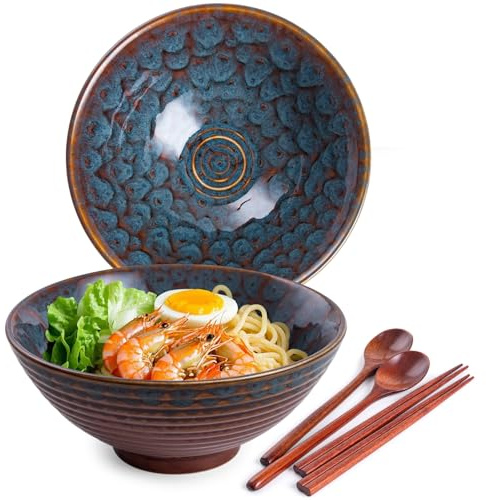HOKELER Ceramic Japanese Ramen Bowl Set, 2 Sets Asian Pho Udon Soup Noodle Bowls with Spoons and Chopsticks (Peacock Green, 8 inches)