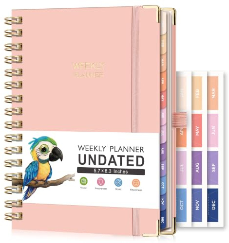 RETTACY Planificateur non daté – Journal hebdomadaire et mensuel pour femme, 53 semaines et planification quotidienne avec 24 onglets autocollants, couverture rigide, papier 100 g/m², 14,5 x 21 cm