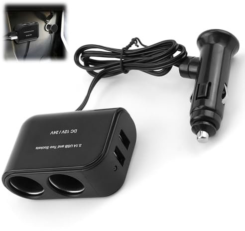 Car Cigarette Lighter Splitter with Dual 2 Sockets and 2 USB Ports 12/24V Power Socket Adapter High-Speed USB Car Charger for Dash Cam GPS Tablets Compact and Safety Enhanced Power Outlet Splitter