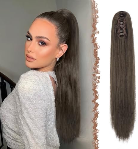 FESHFEN Queue de Cheval Lisse Pince - Postiche Cheveux Naturel Longue Raides Postiches Brun Synthétique Fausse Claw Clip Ponytail Extensions pour Femmes, 63 cm