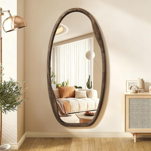 JJUUYOU Irregular Mirrors for Wall Asymmetrical Wall Mirror 100X50 CM Large Wood Framed Hanging Mirror for Living Room Bathroom Entryway Bedroom Horizontal or Vertical Dark Brown