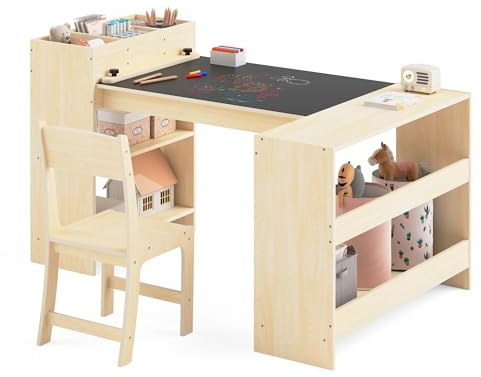 Puecrof - Mesa de arte infantil y 1 silla, con rodillo de pintura y almacenamiento, juego de mesa de madera regulable en altura para niños pequeños, mesa de actividad para niños, para pintar, leer