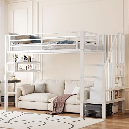 Loftsäng 90 x 200 cm med förvaringsstege och hyllor – multifunktionell barnsäng med säkerhetsräcken, stark metallram, lekområde under sängen, vit, utan madrass
