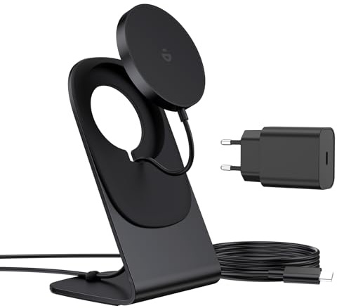 RoRoSkin Mag Safe Ladegerät, Wireless Charger induktive ladestation, Magnetisch Induktionsladegerät, Kabellos Schnellladegerät kompatibel für iPhone 17/16/15/14/13/12 Serie, Schwarz mit Adapter