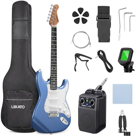 LEKATO Beginner Electric Guitar Kit 39 Inch Full Size Solid Body Guitar SSS for Starter Roasted Maple Neck Stainless Steel Frets, 5w Plug-in Amp, Bag, Tuner, Capo, Strap, Picks, String, Cable - Blue