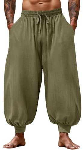 Runcati Mens Harem Pants Casual Elastic Waist Drawstring Baggy Hippie Trousers Cotton Linen Boho Yoga Beach Pants Army Green