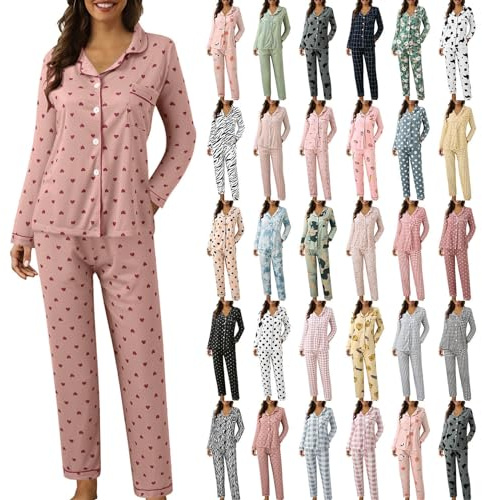 Générique Pyjama femmes d'hiver élégant coton léger long chemise avec boutons et pantalons longs ensemble de nuit douce confortable à manches longues Pajamas maison automne ouvert devant pyjama deux