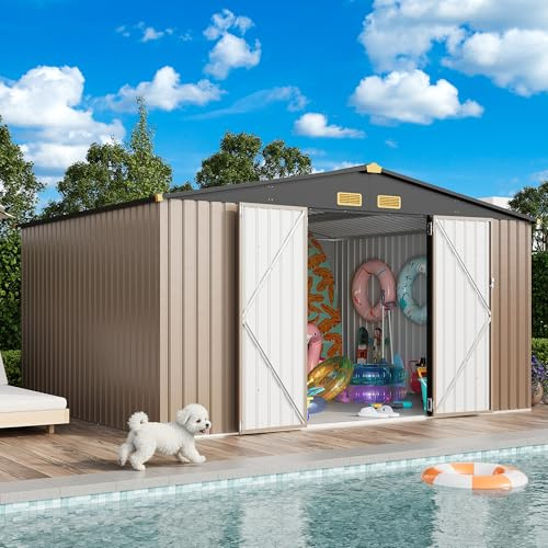IRONCK 10x12FT Outdoor Storage Shed, Metal Garden Tool Shed with Breathable Vent and Lockable Doors, Outside Storage for Backyard, Poolside, Patio, Brown