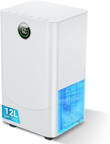 Dehumidifier 12L/day with Digital Humidity Sensor & Display - 24-Hour Timer, 3 Dehumidification Modes, Continuous Drain, Ideal for Bedrooms, Office