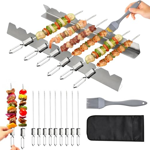 Lot de 12 brochettes de barbecue en acier inoxydable, réutilisables, avec support à chachlik, brosse de rangement, accessoires de barbecue, barbecue à gaz, viande, légumes