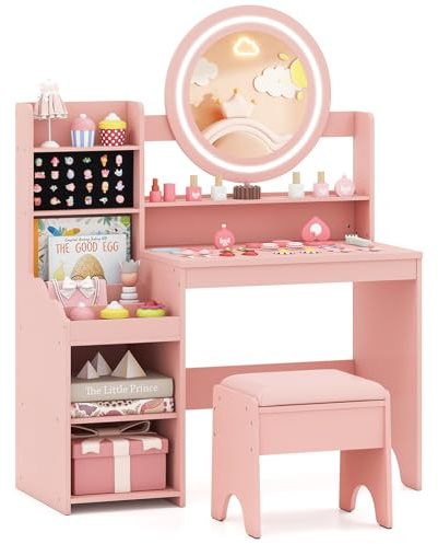 COSTWAY Kids Dressing Table, Girls Vanity Set with Lighted Mirror, Upholstered Stool, Storage Shelves, Rings Slots, Make Up Pretend Dresser Desk Chair Set for Playroom Kids Room (Pink)