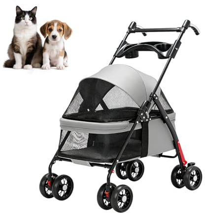 Lightweight Pet Travel Stroller,Foldable Dog Cat 4-Wheel Pushchair,Dog Cat Trolley with Cup Holder,Comfortable Trolley Travel Carriage for Small Medium Dogs Cats Puppies (Grey)