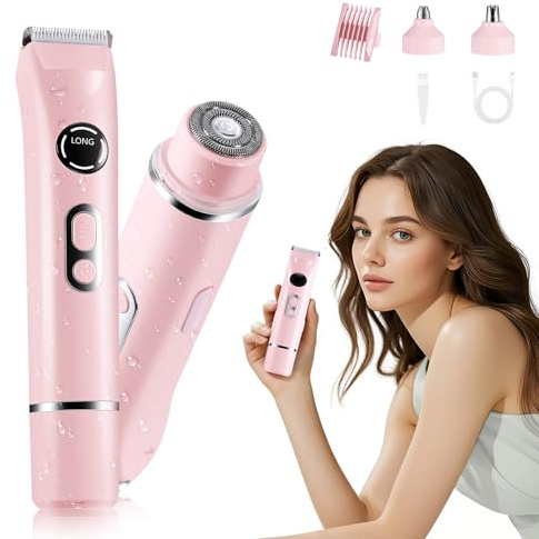 Afeitadora Eléctrica Mujer 4 en 1 Recortadora Corporal Mujer Maquinilla para Bikini Impermeable con Pantalla LED y USB-C IPX7 Utilizable en seco/mojado Afeitadora Mujer para Cuerpo, Bikini, Facial