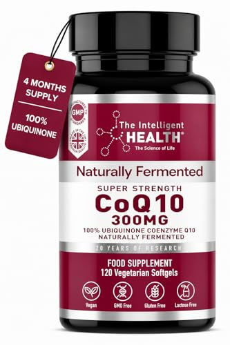 The Intelligent Health CoQ10 Supplement, Fermented Coenzyme Q10 Ubiquinone for Women & Men, Easy to Swallow 300mg 120 Vegetarian Softgels, 4 Months Supply