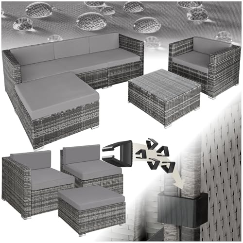 tectake Polyrattan Lounge Set Milano, Luxus Outdoor Gartenmöbel inkl. Sitz- und Rückenkissen, Balkon Möbel/Rattan Gartenmöbel Set mit Sofa, Sessel und Tisch - grau