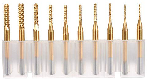 Mesee 10pcs CNC Gravur Bit Set, Titanium Coat Schaftfräser, Hartmetallfräser für Holz Weichmetalle 0,8-3,17 mm