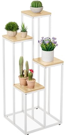 Relaxdays Étagère à Plantes, 4 Niveaux, 100x40x40 cm, Peu encombrant, Acier et MDF, escalier pour Fleurs, Blanc-Nature