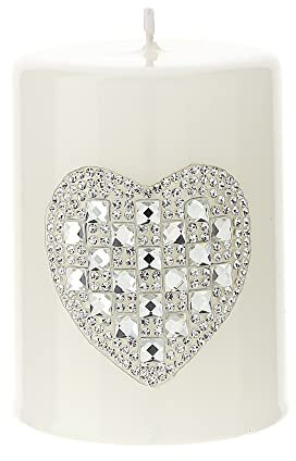 Hervit Candela Laccata con Cuore in Strass - Moccolo con Simbolo Amore e Purezza per Cerimonie Matrimonio Segnaposto Bomboniera Nascita Battesimo Comunione Ø6x8cm (Bianca)