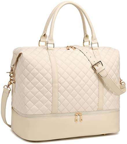 LEDAOU Weekender Damen Reisetasche Tasche mit Schuhfach Canvas Handgepäck Tasche Sporttasche Travel Bag (weißes)