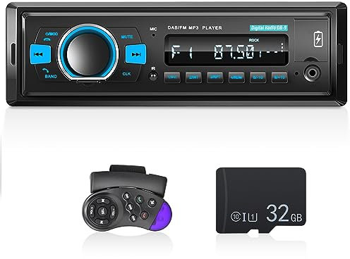 DAB Car Radio Single Din Car Stereo with Bluetooth 5.0/EQ Audio/BT Call/FM Radio/USB Charging/Button Light/TF SD Card Port/AUX-in, 1 Din Radio Player + SWC Remote Control + 32G TF Card
