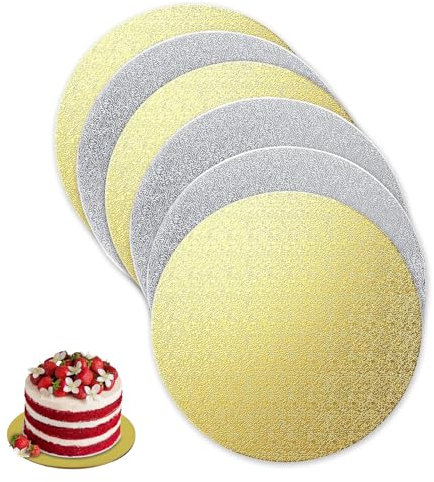 SMYJDMM Cake Board, 6 Stück Cakeboard Rund, 2mm Ø 20cmDick Tortenunterlage Tortenplatte Pappe Rund Cakeboard Wiederverwendbar Torten Unterplatten für Transport Kuchen und Torten(Gold&Silber)