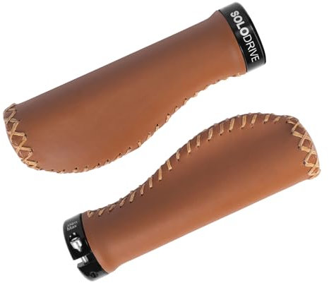 SOLODRIVE Ergonomic Design Lock on Bike Grips, PU Leather Handlebar Grips, Hand-Stitched for Beach Cruiser Bike, Fits Most 22.2mm (7/8) Bicycle Handlebar (Brown)