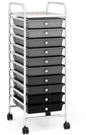 COSTWAY Rollwagen mit Schubladen Rollcontainer Badrollwagen Badtrolley Badregal Beistellwagen mit 10 stapelbaren Schubladen Metallgestell (Schwarz Abstufung)