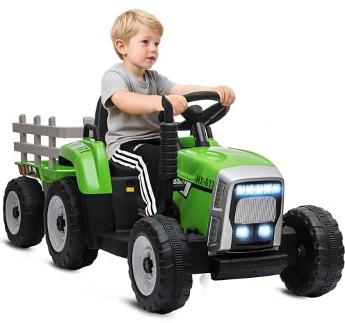 HOMCOM Tracteur électrique avec remorque Amovible, Voiture électrique Enfants de 3 à 6 Ans avec télécommande MP3 Musique Affichage lumières et Ceinture de sécurité, 12V 3-6 km/h, Vert