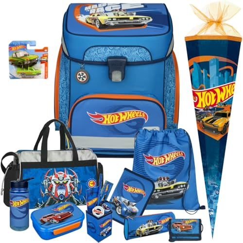 Pridera Scooli Schulranzen 1.Klasse Jungen Hot Wheels Auto EasyFit Set 12tlg. mit Sporttasche Brustbeutel Brotdose Trinkflasche Stifteköcher, passend dazu Schultüte Hot Wheels Auto gratis