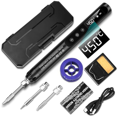 Voktta Cordless Soldering Iron Kit with Stand, Portable USB Soldering Iron Set with LCD, Adjustable Temperature 200-450°C, 3 Soldering Tips, for Repairing Circuit Board, Welding Repair - Black