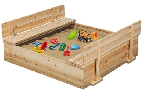 IDMarket - Bac à Sable Funny Bois refermable avec 2 bancs et bâches de Protection