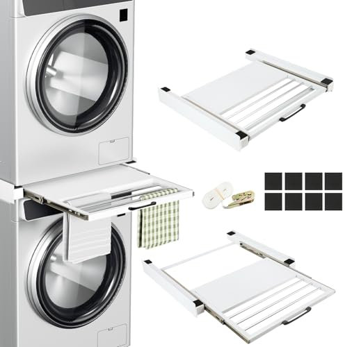Fiqops Zwischenbaurahmen mit Ausziehplatte, Verbindungsrahmen für Waschmaschine und Wäschetrockner mit Ratschenseil,Universell Waschmaschine Verbindungsrahmen mit Ablage