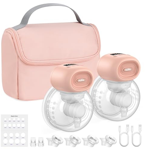 Nuliie Wearable Breast Pump Electrical with Storage Bag, LED Display, 4 Modes and 12 Suction Levels, Portable Hands Free Breast Pump with 14/17/20/24/27mm Flange (2 Packs, Pink)