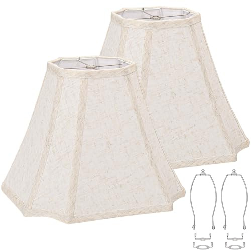 Square Cut Corner Bell Lamp Shades Set of 2, 6.5 x 13x 10.5 Medium Beige Lampshades Natural Linen Hand Crafted, Include 2 Pack Lamp Harps, Suitable for E26 and Saddle Base, Easy Assembly Required